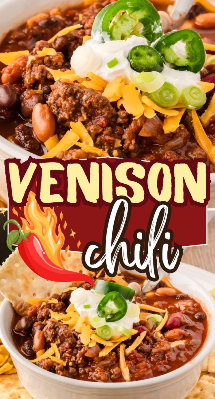 Two bowls of venison chili topped with cheese, sour cream, jalapeños, and green onions, with text overlay. This hearty venison chili is perfect for cozy nights and bold flavor lovers.