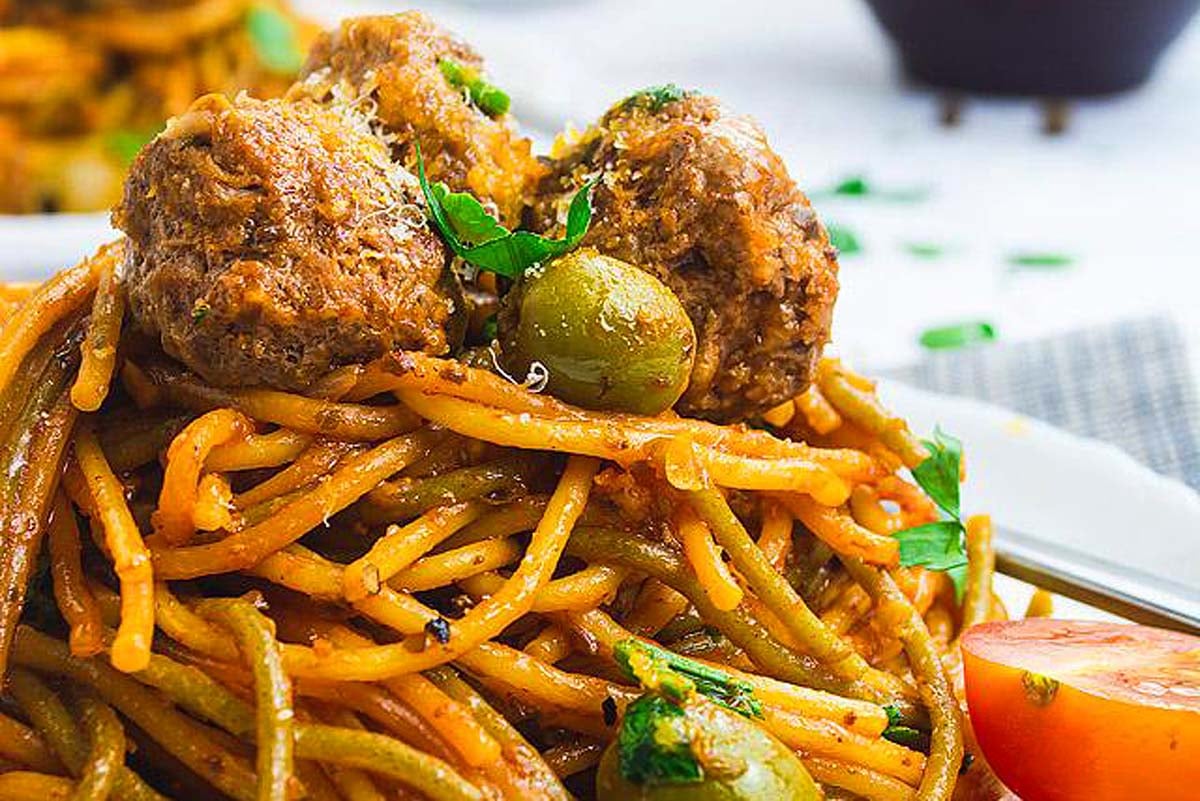 One Pot Pasta with Mediterranean Meatballs.