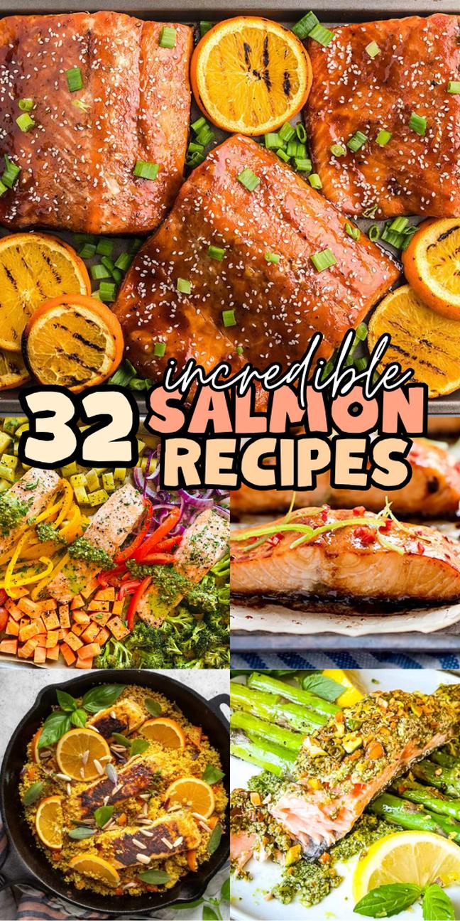 Glazed salmon fillets, grilled oranges, and various salmon recipes with fresh veggies and herbs.