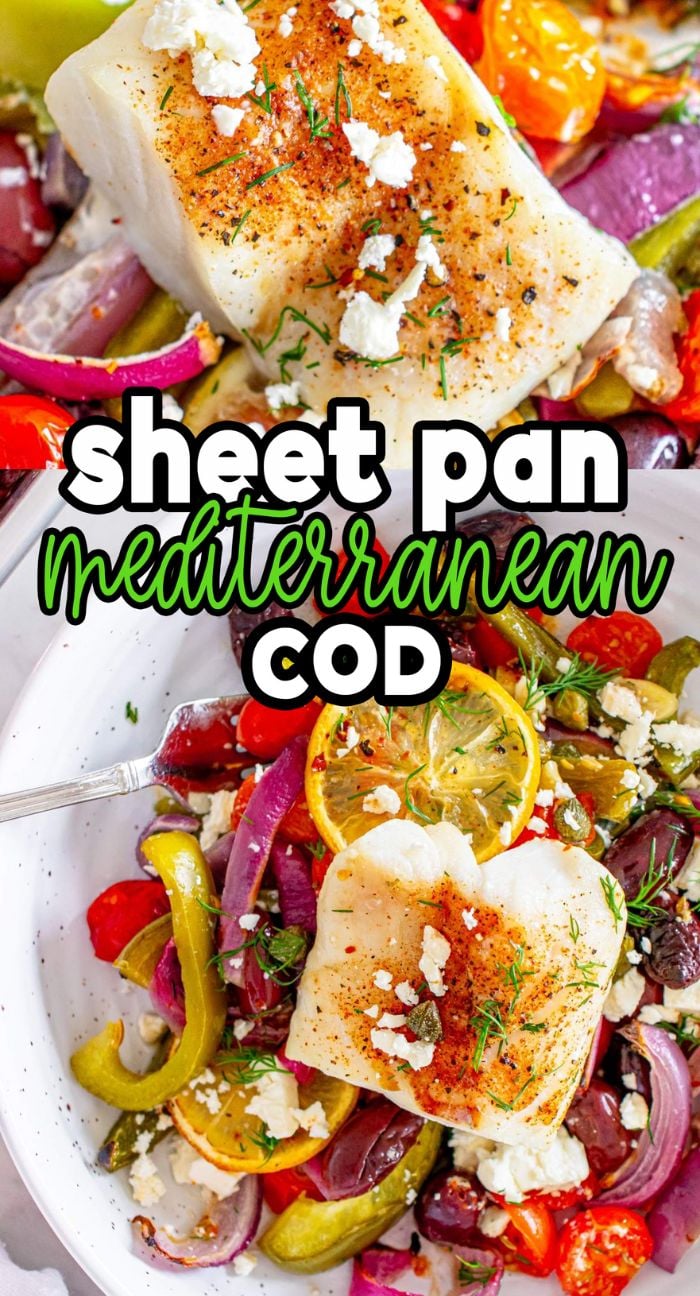 Two plates of sheet pan Mediterranean cod with vegetables, garnished with fresh herbs and crumbled feta cheese.