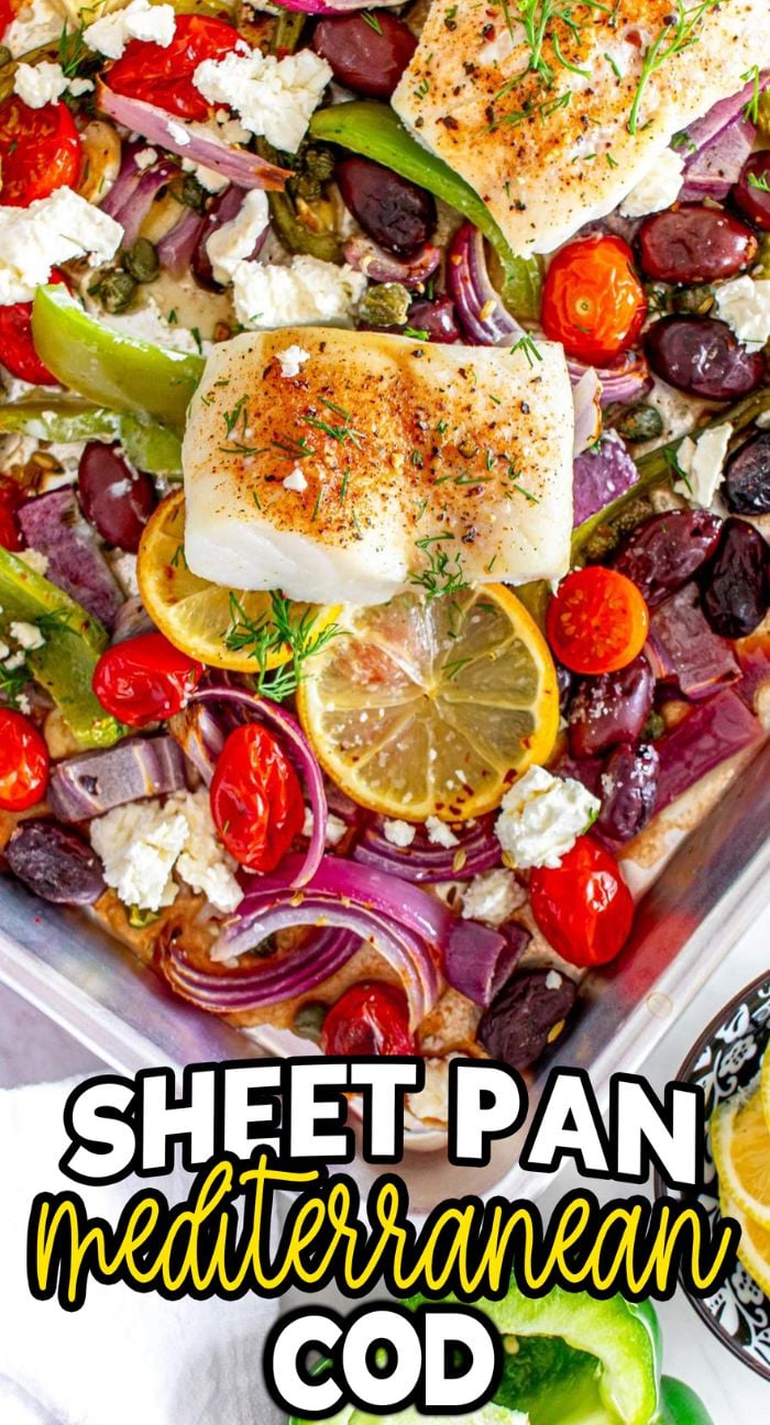 Sheet pan Mediterranean cod baked with lemon, tomatoes, olives, onions, peppers, and feta for a flavorful one-pan meal.