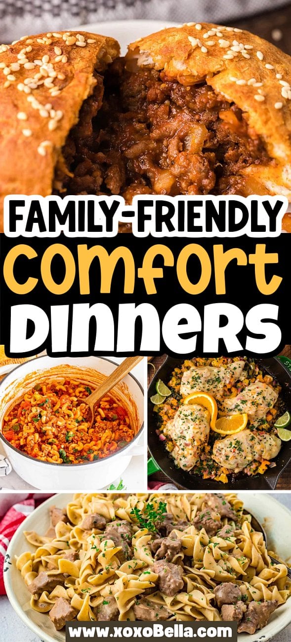 A collage of hearty family dinners, featuring classic comfort food favorites like meat pies, baked chicken, pasta, and a savory stew.