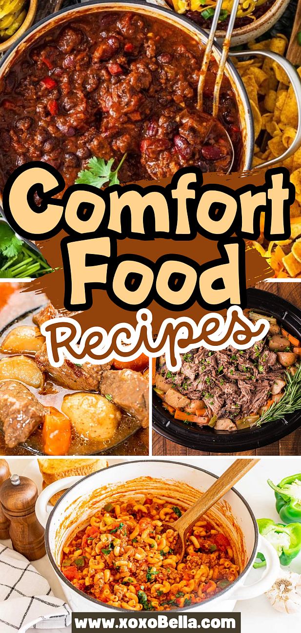 Collage of classic comfort food dishes such as chili, beef stew, pasta, and shredded meat.