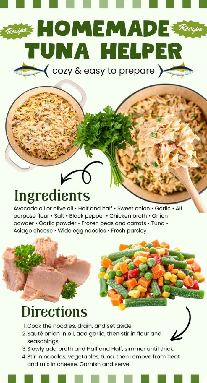 Homemade tuna helper made with noodles, tuna, peas, carrots, and herbs. Includes all listed ingredients and easy cooking directions for a comforting meal.