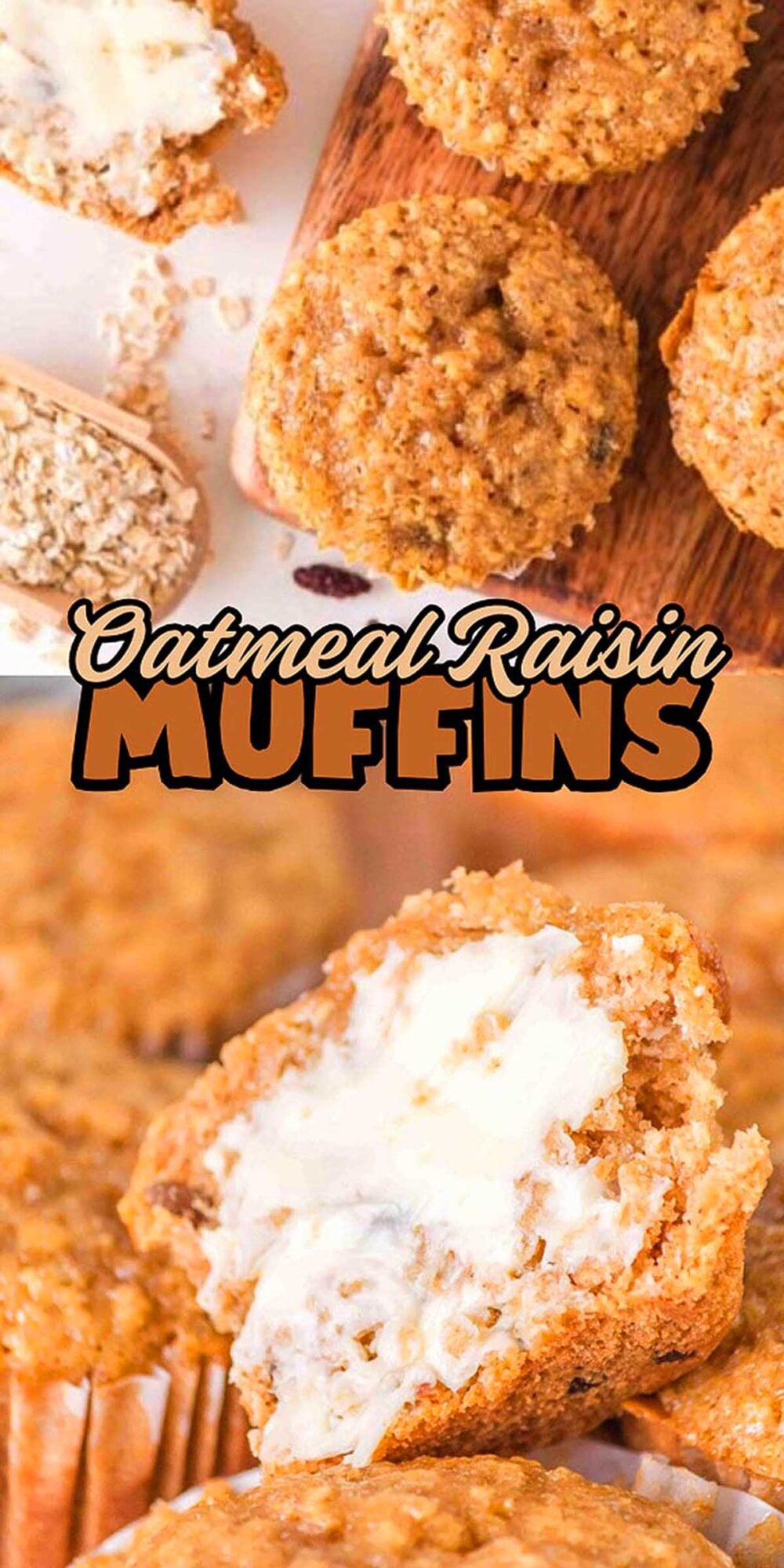 Oatmeal raisin muffins with butter, one muffin split open to show the inside texture and creamy spread.