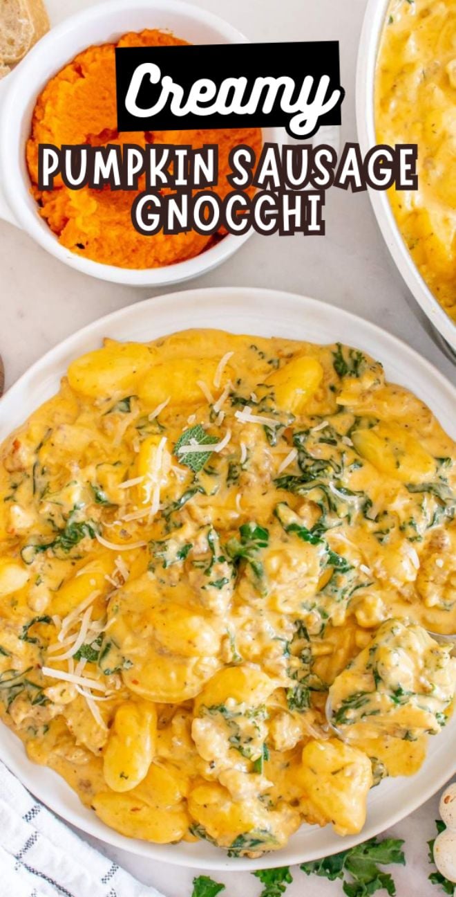 A plate of creamy pumpkin sausage gnocchi topped with herbs and cheese, served alongside a bowl of mashed pumpkin.