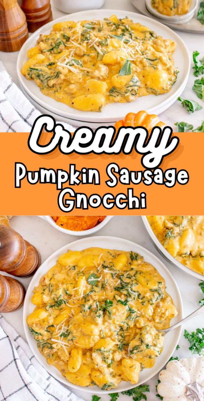 Two plates of creamy pumpkin sausage gnocchi, topped with parmesan and herbs, sit on a white table for a cozy and flavorful meal.