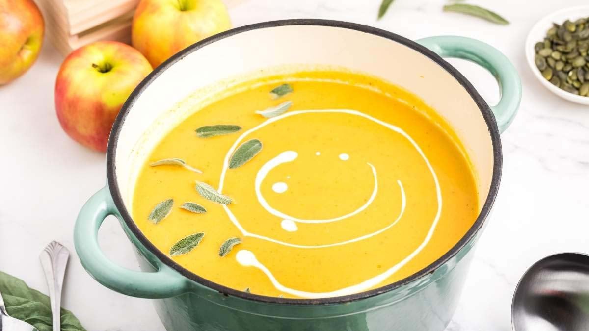 Roasted pumpkin and apple soup with warm spices.