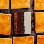 Several square-shaped s'mores brownies with a golden top layer, arranged closely together. One brownie in the center is turned sideways to display its layers.