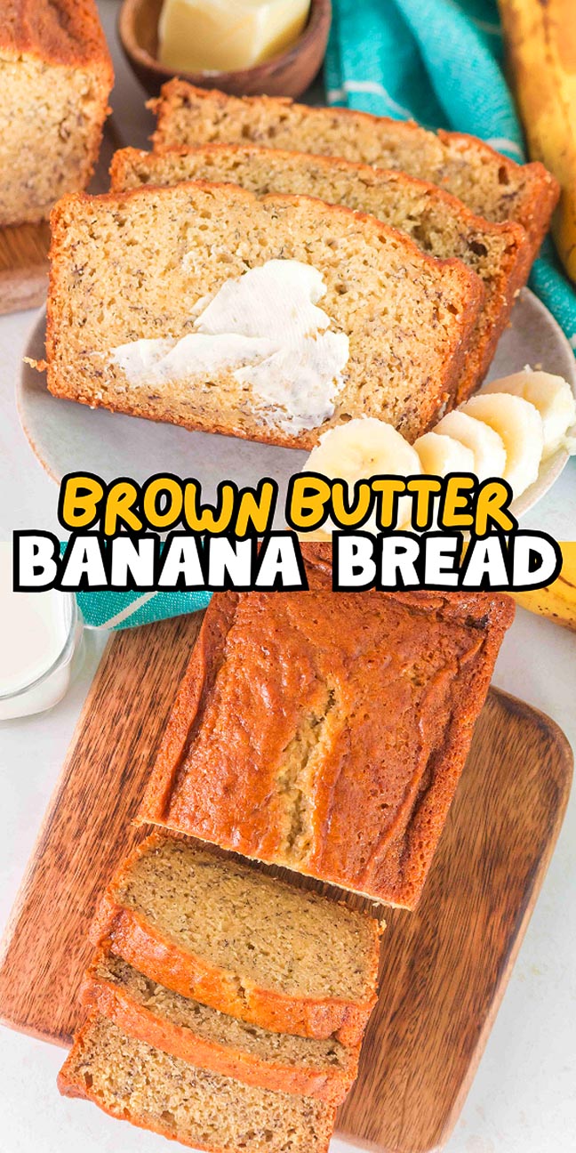 Brown butter banana bread loaf with a few slices. One slice is buttered.