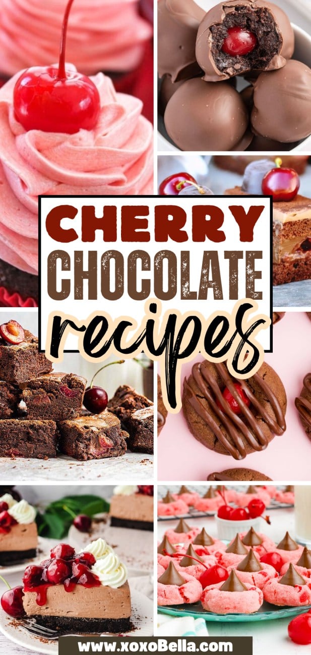 Collage of cherry chocolate desserts—cupcakes, brownies, truffles, and cookies.