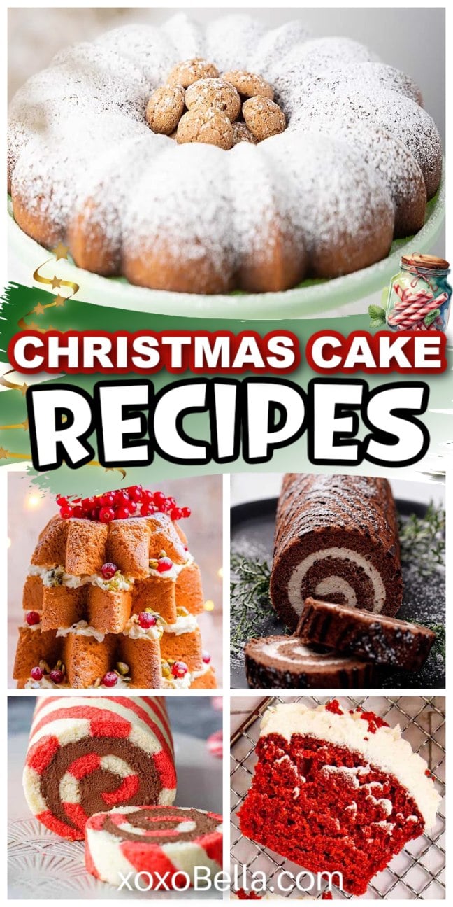 A collage of festive Christmas cakes, including bundt, roll, layer, and red velvet cakes, with holiday decorations—perfect inspiration for your favorite Christmas cake recipes.