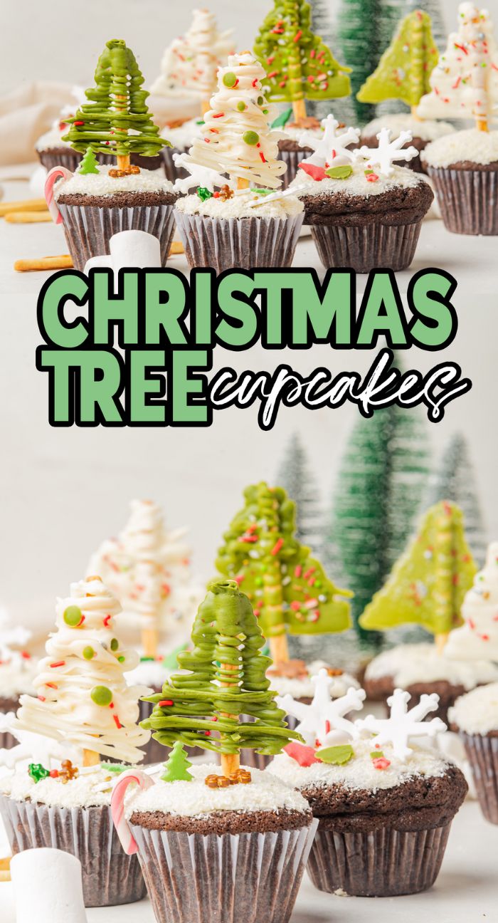 Assorted Christmas tree cupcakes decorated with green and white frosting, sprinkles, and festive toppers make a delightful holiday treat.