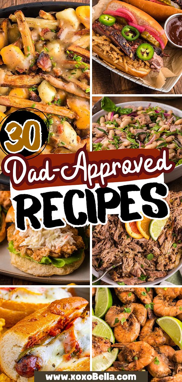 Collage of hearty dishes—fries, burgers, chicken, beef, pizza, and pasta salad, featuring crowd-pleasing favorites perfect for any dad’s appetite.