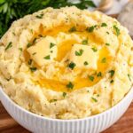 A bowl of garlic mashed potatoes topped with melted butter and chopped herbs sits on a wooden surface, surrounded by fresh garlic bulbs and sprigs of parsley.