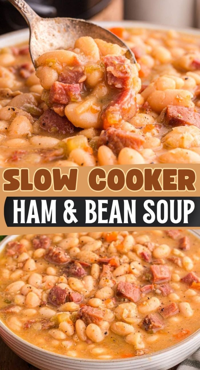 A hearty bowl of slow cooker ham and bean soup, filled with tender ham and beans, labeled "Slow Cooker Ham & Bean Soup.