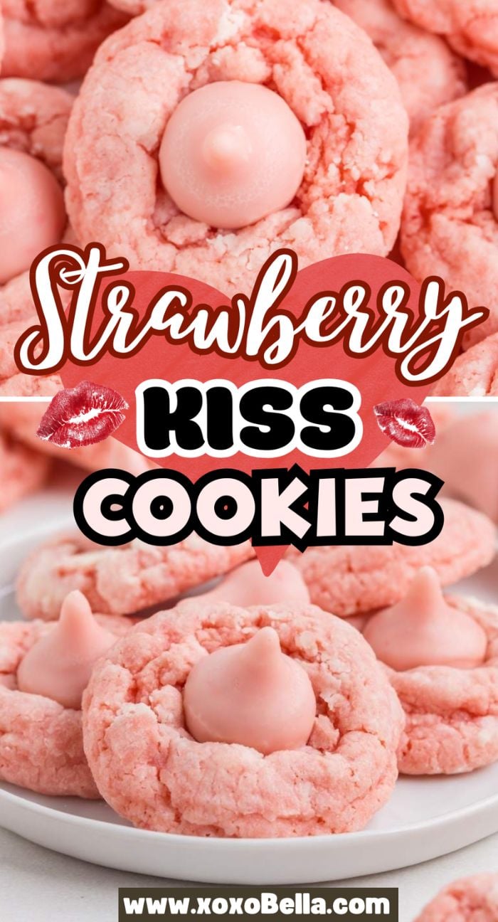 Close-up of strawberry kiss cookies—pink strawberry cookies topped with pink chocolate kisses—displayed on a white plate.