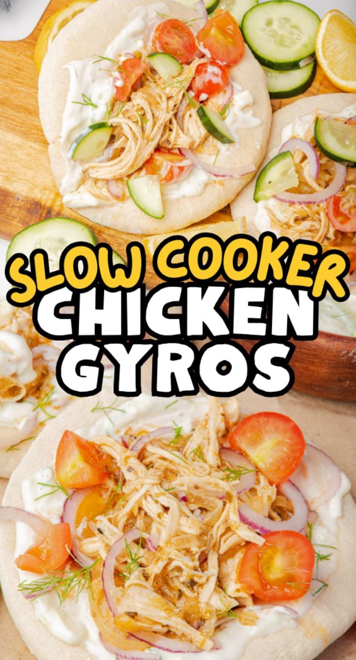 Slow cooker chicken gyros with shredded chicken, tomatoes, cucumbers, onions, and homemade tzatziki sauce on pita bread.