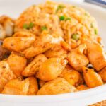 A plate of hibachi chicken pieces, sautéed vegetables, and a mound of fried rice delights the senses.