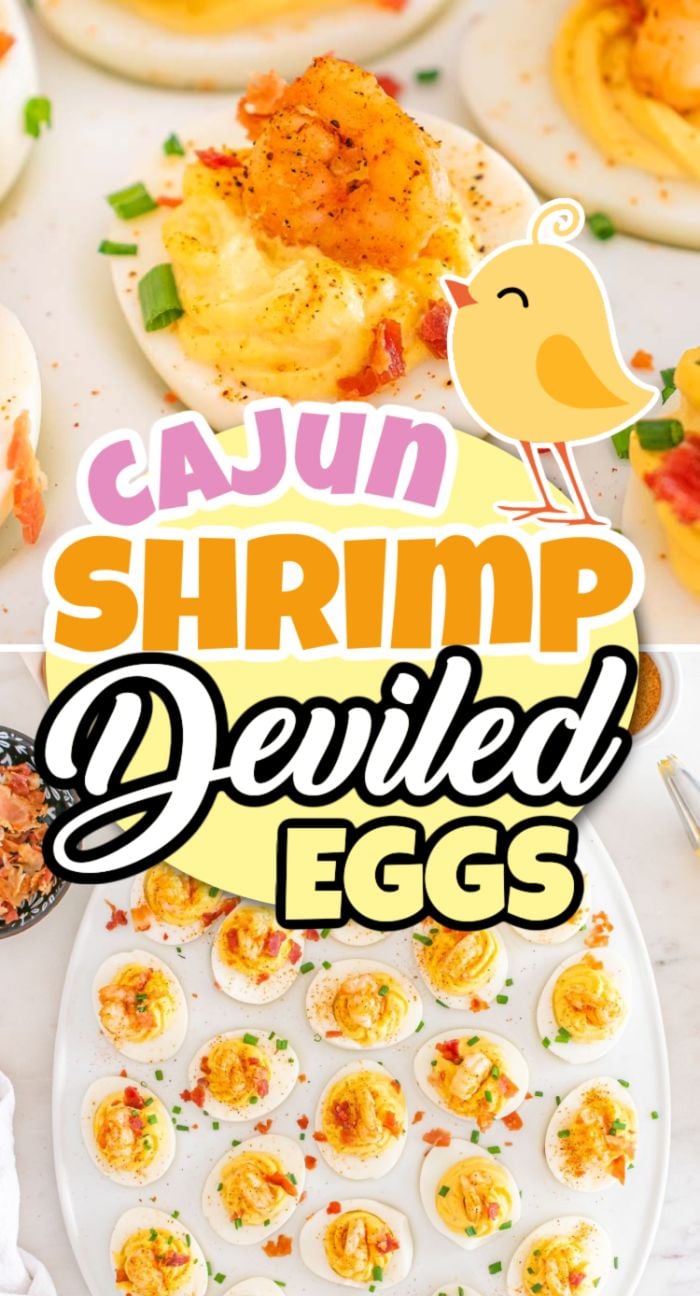 Cajun shrimp deviled eggs are topped with succulent shrimp and zesty seasoning, served on a white platter for the perfect party appetizer.