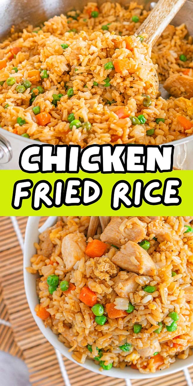 A steaming bowl of chicken fried rice, filled with vibrant peas and carrots, sits alongside a sizzling pan.