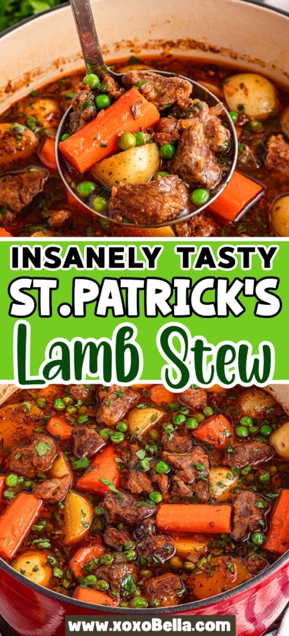 Lamb stew with tender carrots, potatoes, and peas simmering in a pot, as a ladle serves up a hearty portion of this classic lamb stew.