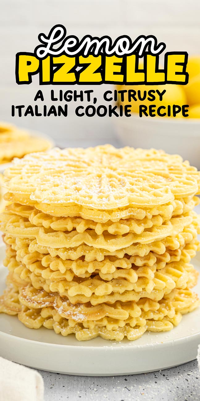A stack of golden lemon pizzelle cookies graces a plate, their delicate texture inviting you to savor each citrusy bite. A text overlay reads, "Lemon Pizzelle: A Light, Citrusy Italian Cookie Recipe".