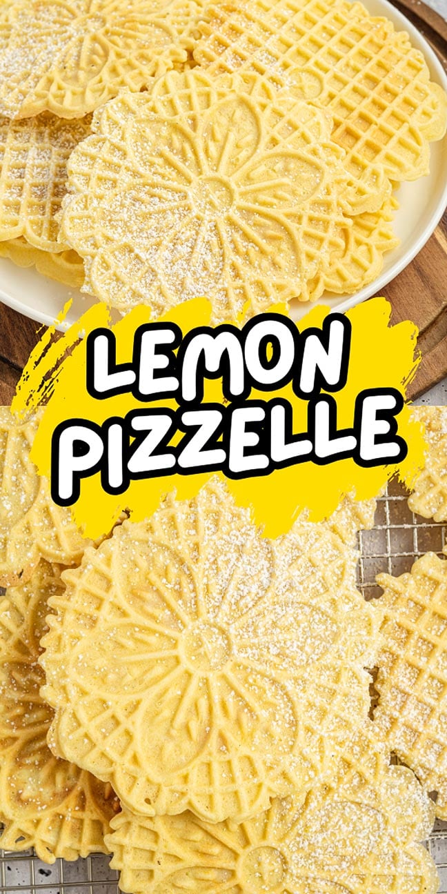 Plates of zesty lemon pizzelle cookies stacked on a wooden surface, delicately dusted with powdered sugar. A text overlay reads "Lemon Pizzelle Delight".
