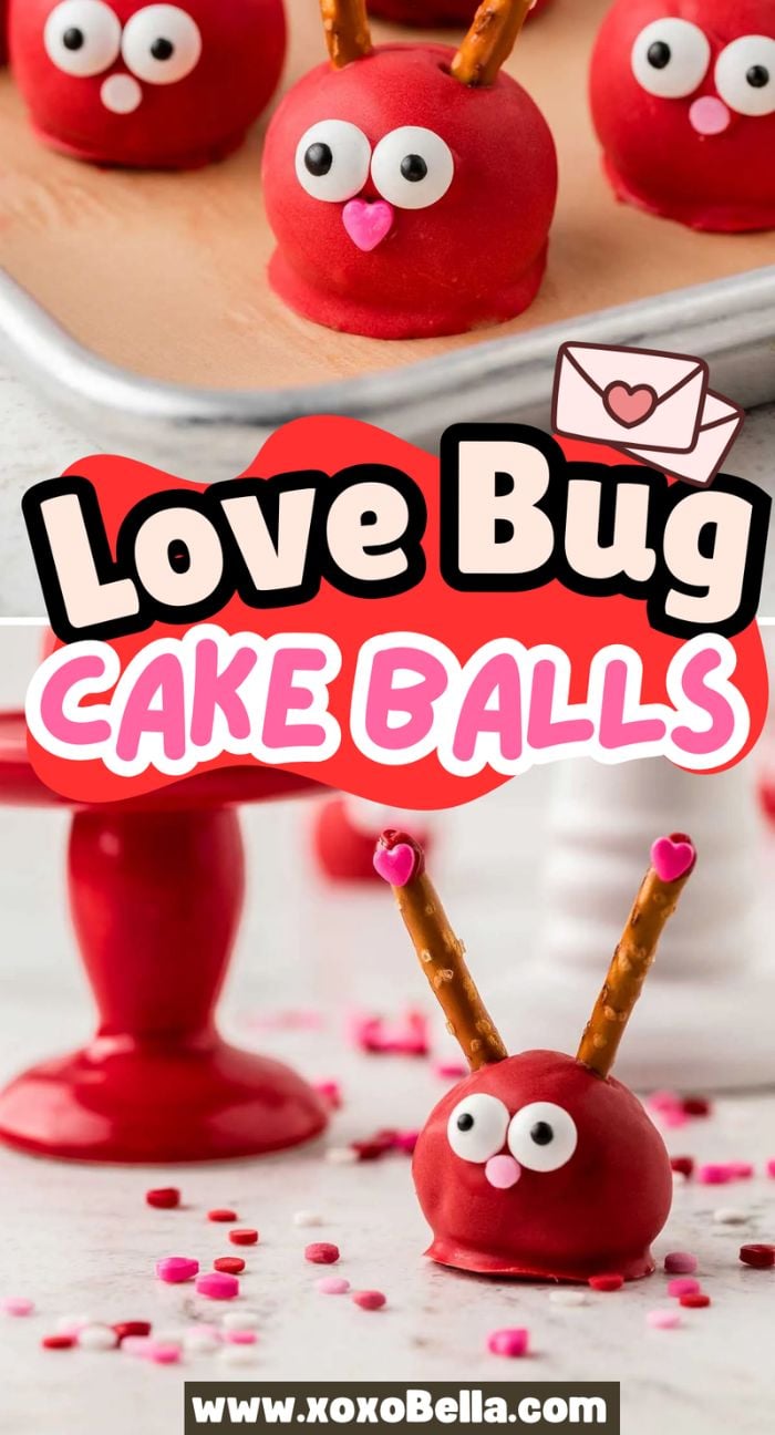 Red love bug cake balls with candy eyes, heart-shaped noses, and pretzel antennae, decorated as adorable love bugs.