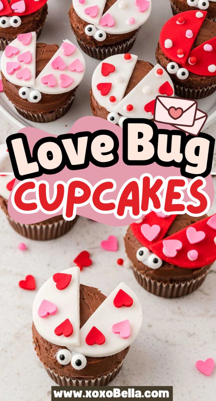 Chocolate Love Bug Cupcakes decorated as ladybugs with heart-shaped wings, candy eyes, and pink or red Valentine’s accents.
