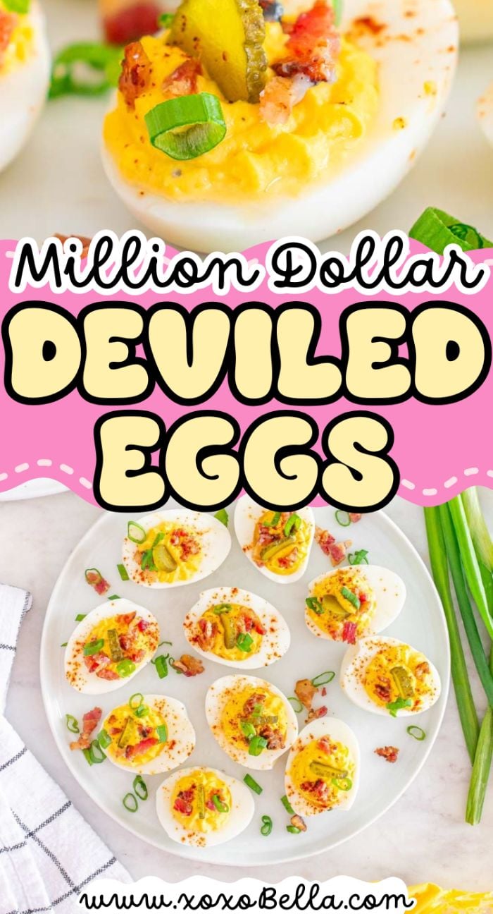 Plate of million dollar deviled eggs garnished with bacon, green onions, and paprika, with text reading "Million Dollar Deviled Eggs.