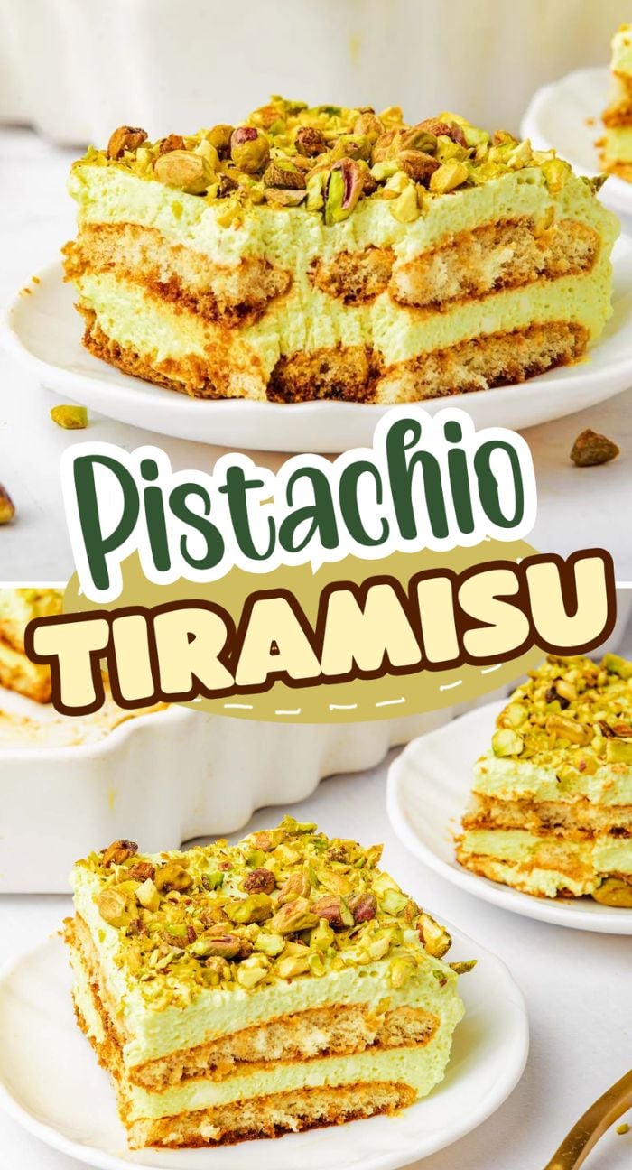 Plates of creamy pistachio tiramisu topped with chopped pistachios, with "Pistachio Tiramisu" text in the center.