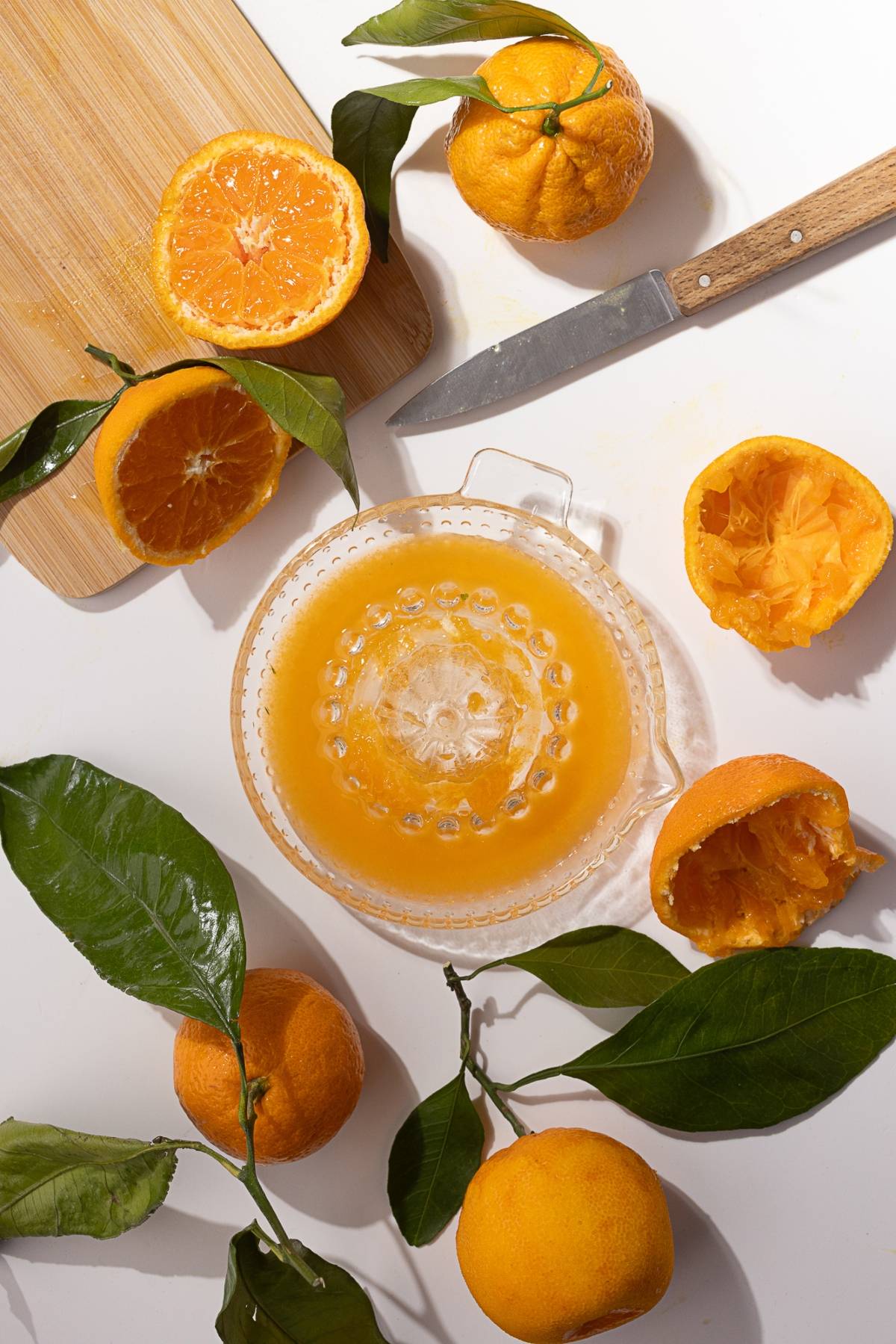Oranges and leaves rest on a table alongside a wooden cutting board, a knife, and a glass juicer filled with fresh orange juice. A jar of mandarin orange curd adds a sweet citrus touch to the scene.
