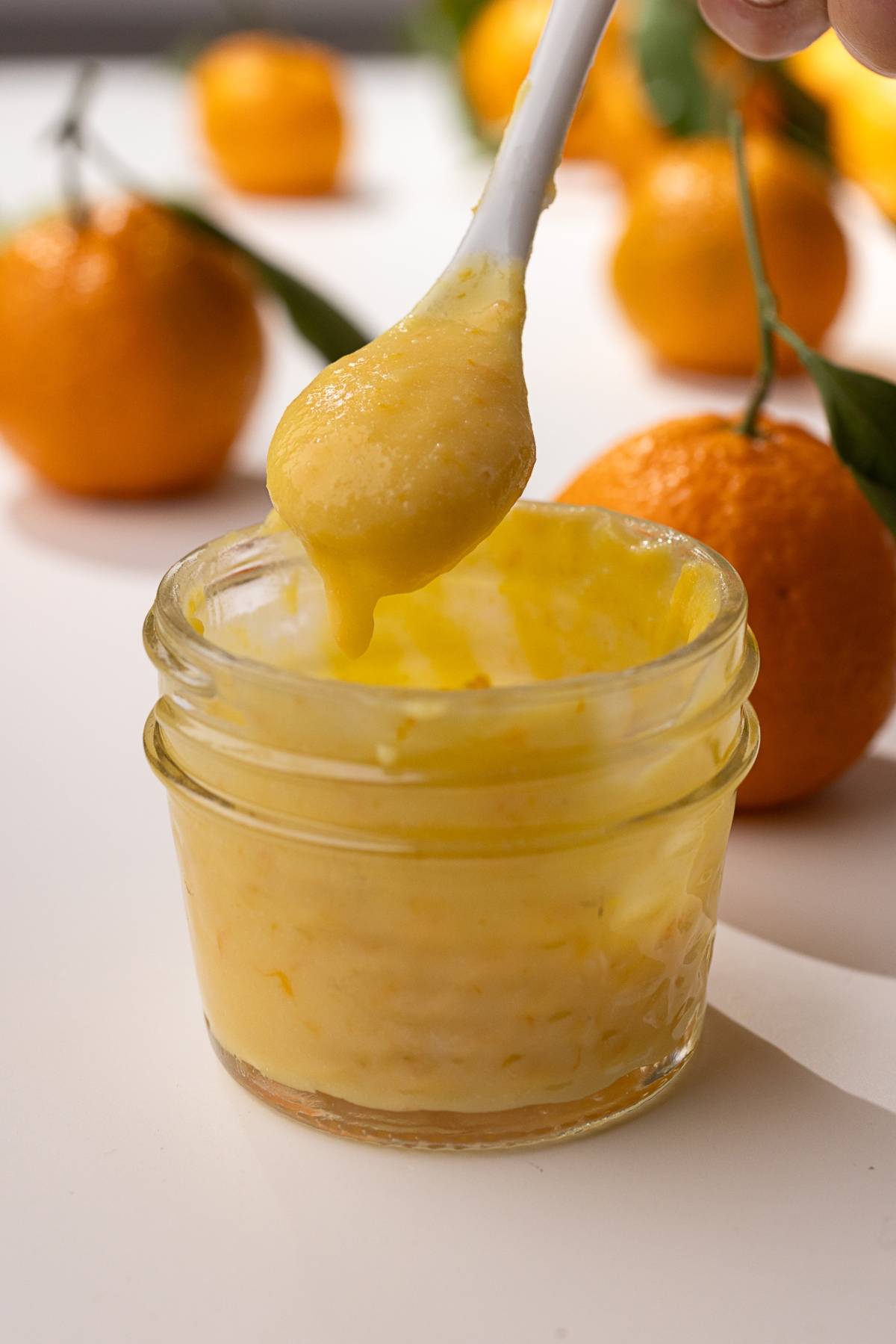 A spoon scoops mandarin orange curd from a small glass jar, with whole oranges in the background on a white surface.