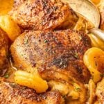 Golden-brown roasted apricot chicken thighs with herbs in a thick sauce, served with a rustic spoon.