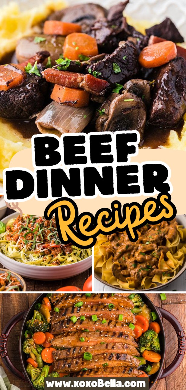 Collage of hearty beef dinner recipes featuring vegetables, pasta, and rich gravy.