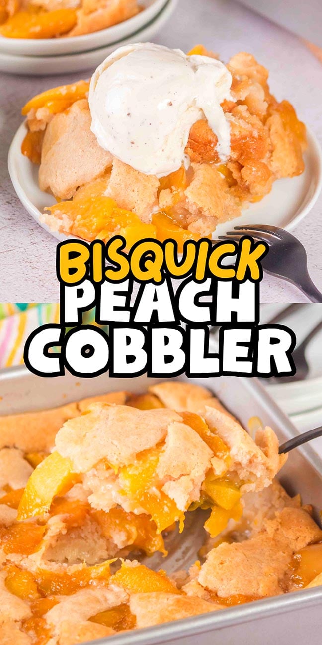 A luscious Bisquick peach cobbler topped with creamy vanilla ice cream sits enticingly on a white plate.