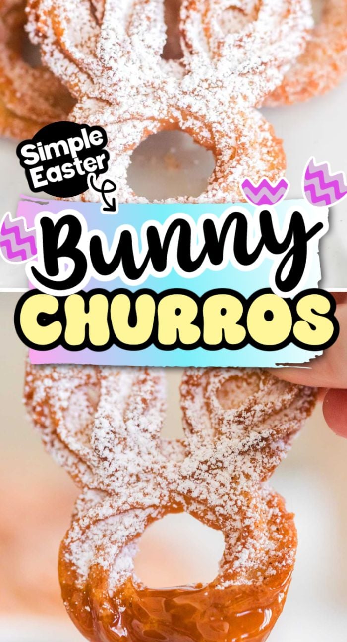Bunny churros dusted with powdered sugar, shaped like adorable bunnies and perfect for Easter celebrations, with a "Bunny Churros" text overlay.