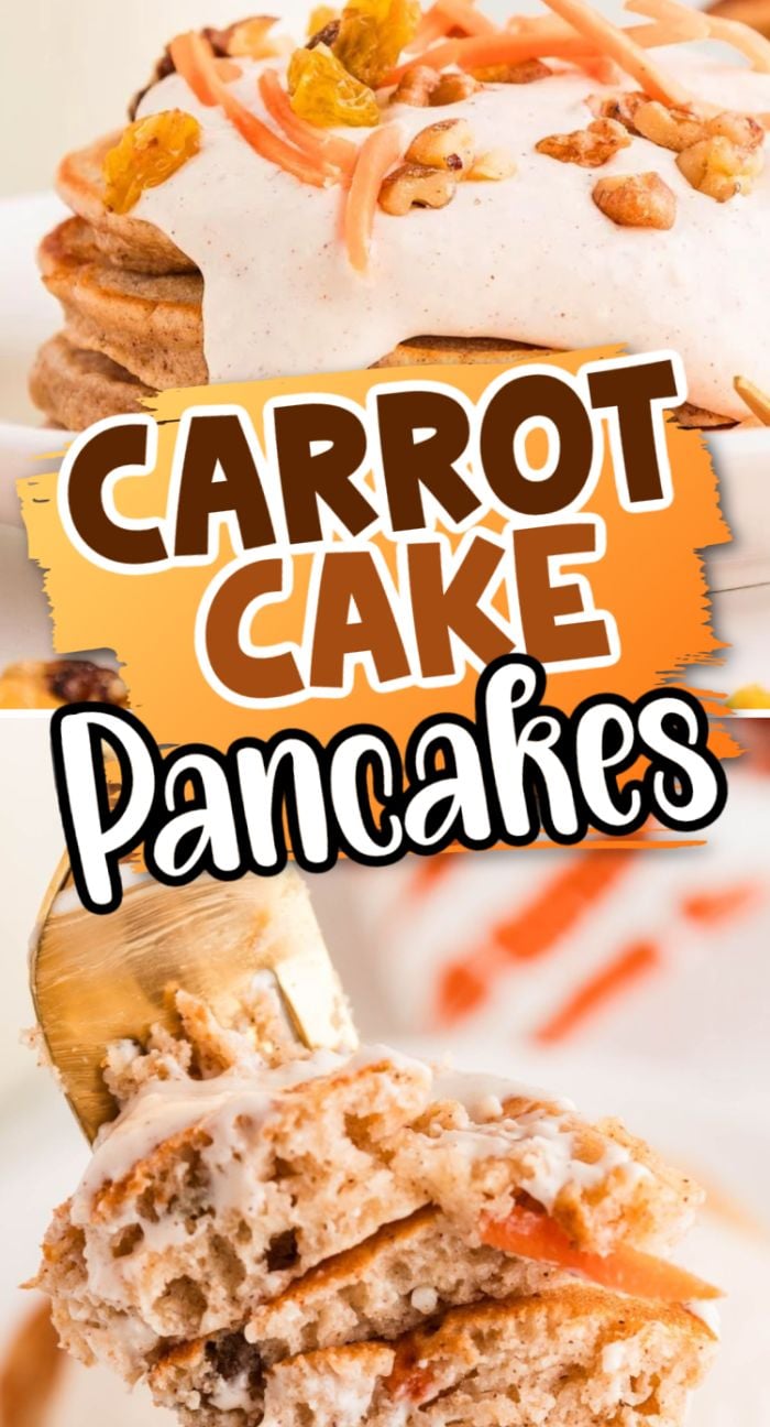 A stack of carrot cake pancakes with creamy frosting, walnuts, and carrot shreds, plus a close-up forkful showcases the irresistible texture of these carrot cake pancakes.