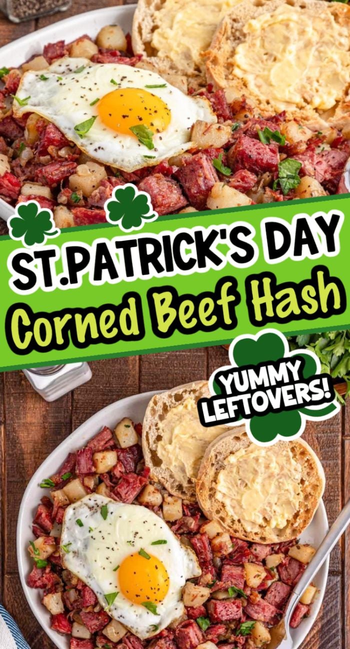 Corned beef hash with fried eggs and buttered English muffins, perfect St. Patrick’s Day leftovers.