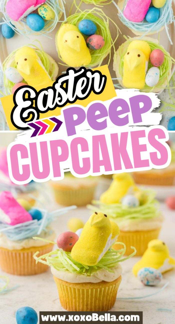 Easter Peep Cupcakes topped with yellow marshmallow chicks, colorful eggs, and green shredded topping make a festive treat for any spring celebration.