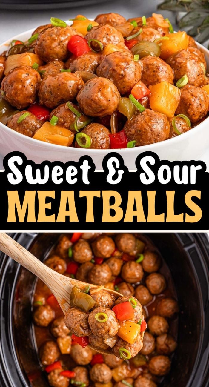 Slow Cooker Sweet and Sour Meatballs with peppers and pineapple, served in a white bowl, garnished with green onions for a flavorful finish.