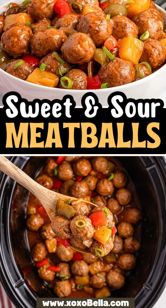 Bowl and slow cooker of Slow Cooker Sweet and Sour Meatballs with peppers and pineapple, topped with green onions.