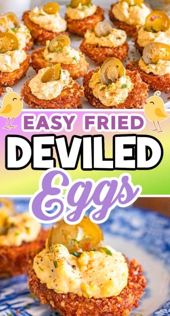 Crispy fried deviled eggs topped with creamy filling and green olives, served on a plate for the perfect appetizer.