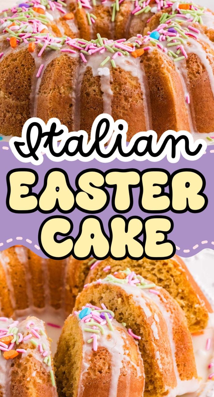 A festive Italian Easter Cake, shaped as a bundt, topped with white icing and colorful sprinkles for a delightful holiday treat.