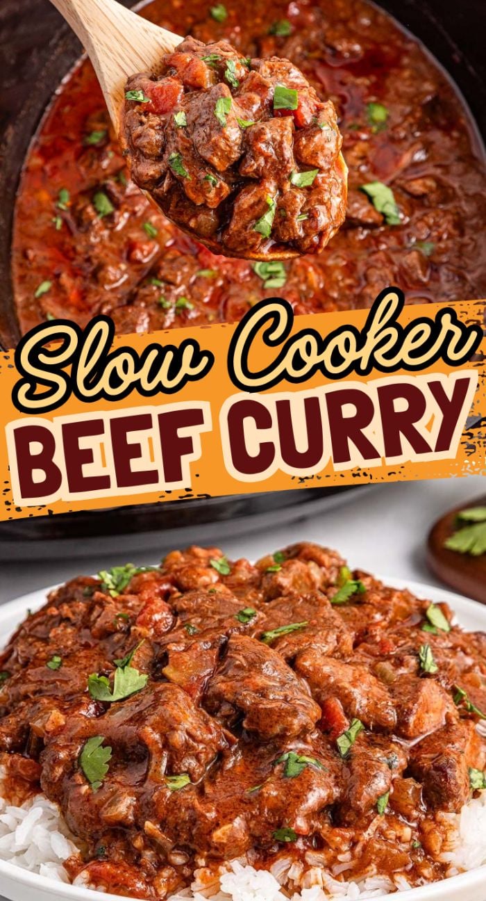 A wooden spoon holds slow cooker beef curry above a pot; below, the slow cooker beef curry is served over rice with a cilantro garnish.