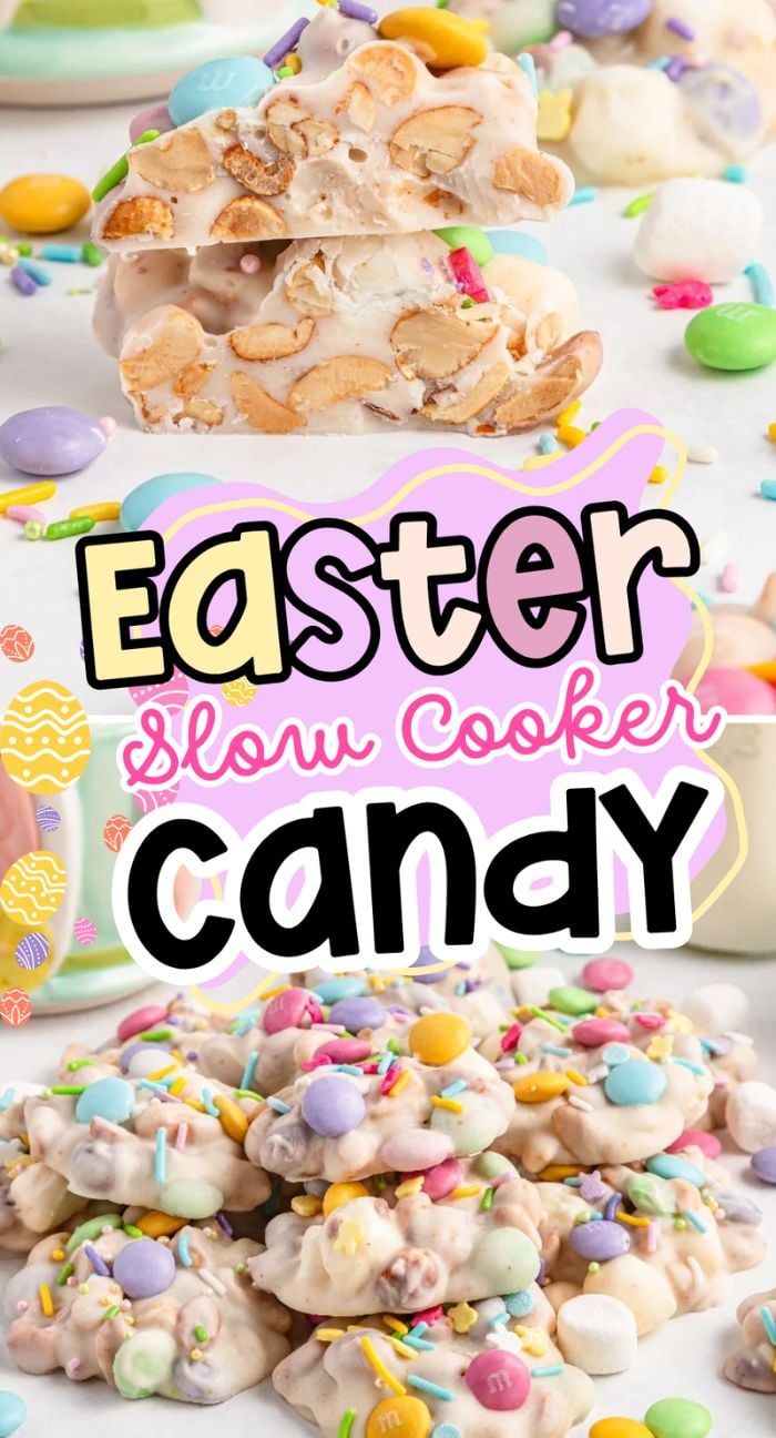 Close-up of colorful slow cooker Easter candy clusters, topped with pastel sprinkles and candy eggs.