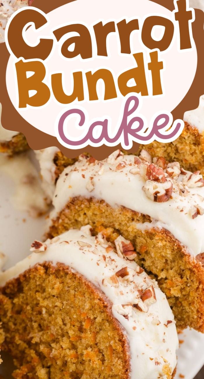 Close-up of carrot Bundt cake with white icing and chopped nuts, featuring the text "Carrot Bundt Cake.