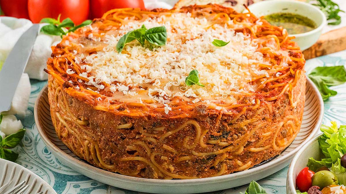 A round, deep savory pie made with spaghetti.