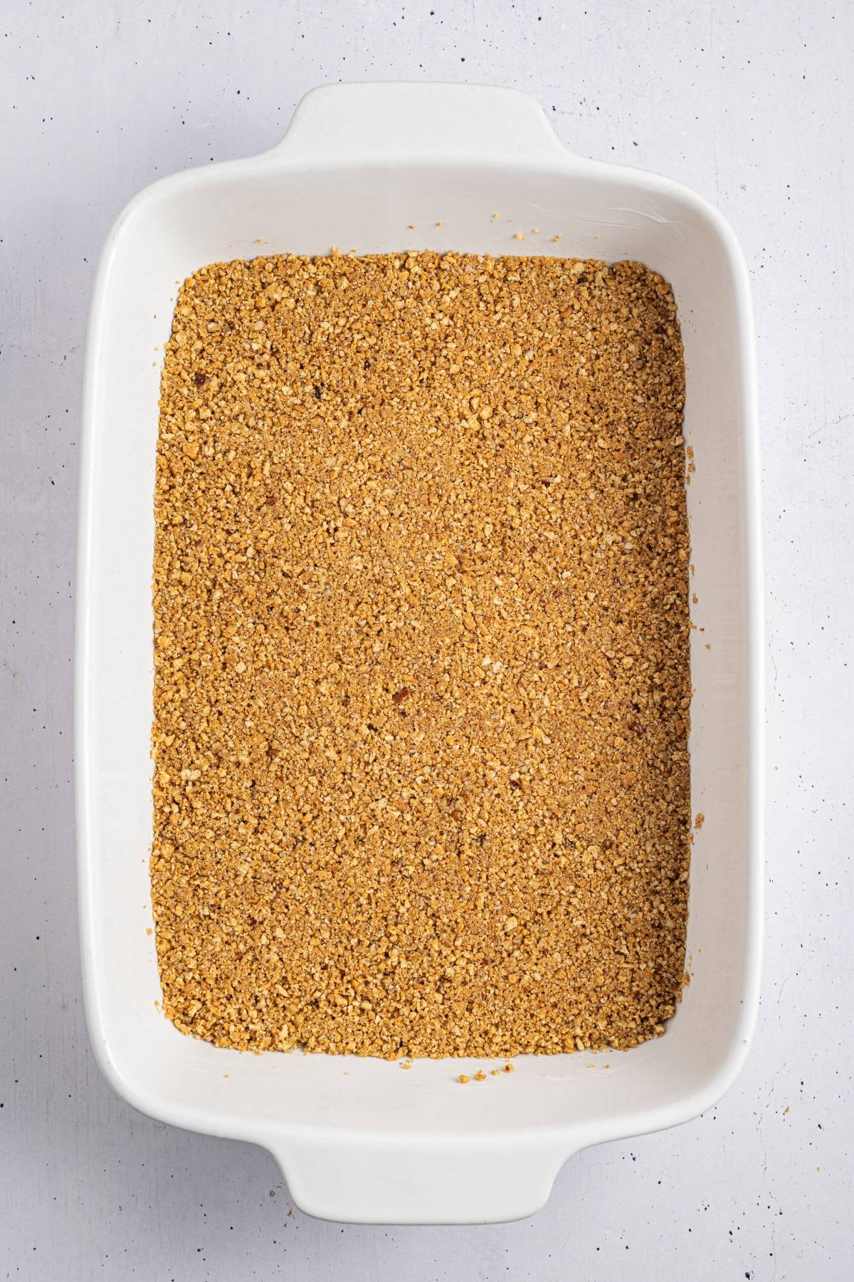 Rectangular white baking dish filled with an even layer of light brown, crumbly graham cracker crust.